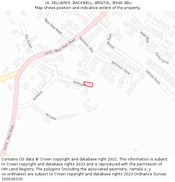 16, KELLWAYS, BACKWELL, BRISTOL, BS48 3BU: Location map and indicative extent of plot