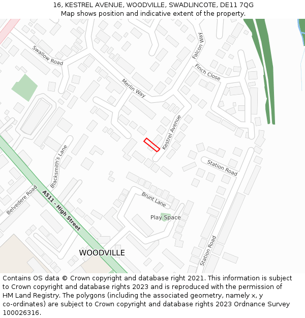 16, KESTREL AVENUE, WOODVILLE, SWADLINCOTE, DE11 7QG: Location map and indicative extent of plot