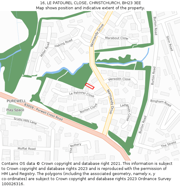 16, LE PATOUREL CLOSE, CHRISTCHURCH, BH23 3EE: Location map and indicative extent of plot