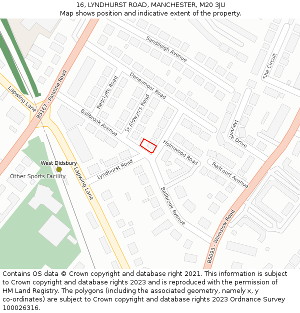 16, LYNDHURST ROAD, MANCHESTER, M20 3JU: Location map and indicative extent of plot