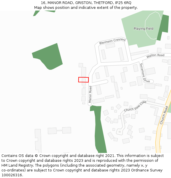 16, MANOR ROAD, GRISTON, THETFORD, IP25 6RQ: Location map and indicative extent of plot