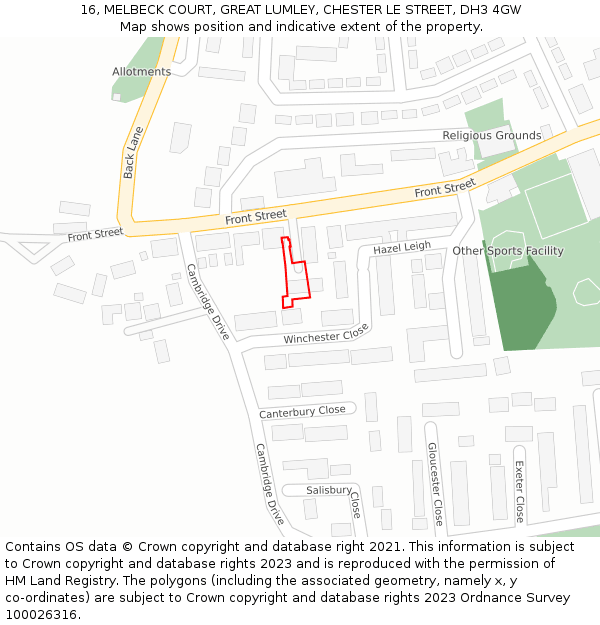 16, MELBECK COURT, GREAT LUMLEY, CHESTER LE STREET, DH3 4GW: Location map and indicative extent of plot