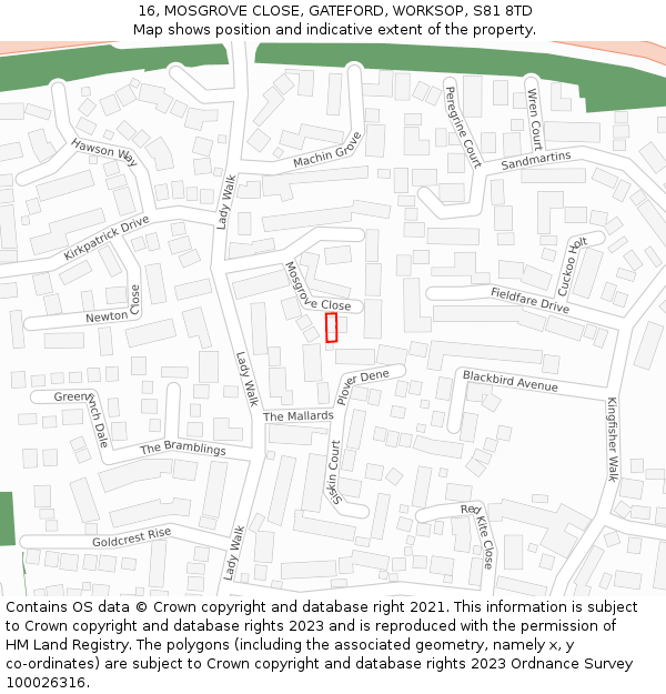 16, MOSGROVE CLOSE, GATEFORD, WORKSOP, S81 8TD: Location map and indicative extent of plot