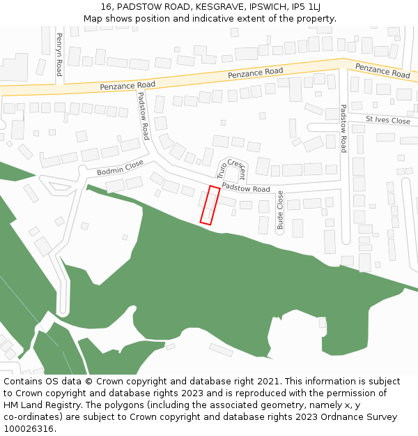 16, PADSTOW ROAD, KESGRAVE, IPSWICH, IP5 1LJ: Location map and indicative extent of plot