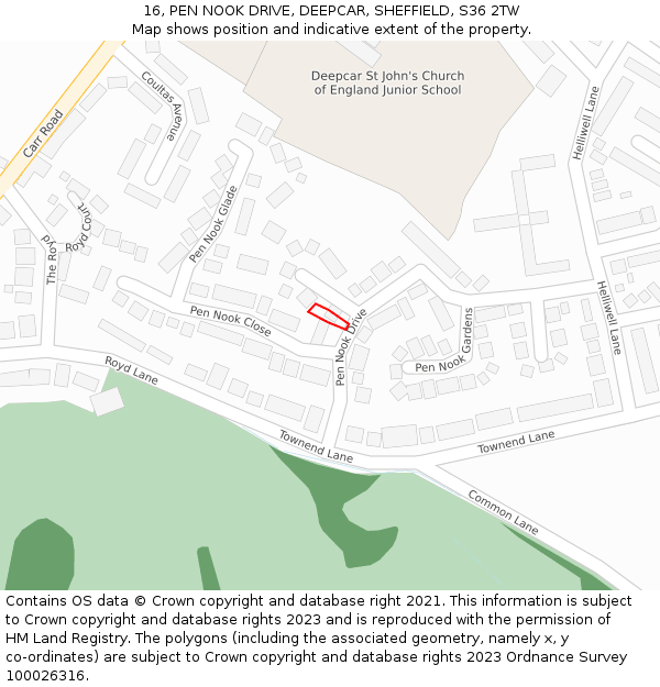 16, PEN NOOK DRIVE, DEEPCAR, SHEFFIELD, S36 2TW: Location map and indicative extent of plot