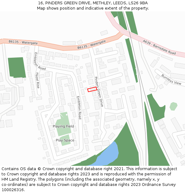 16, PINDERS GREEN DRIVE, METHLEY, LEEDS, LS26 9BA: Location map and indicative extent of plot