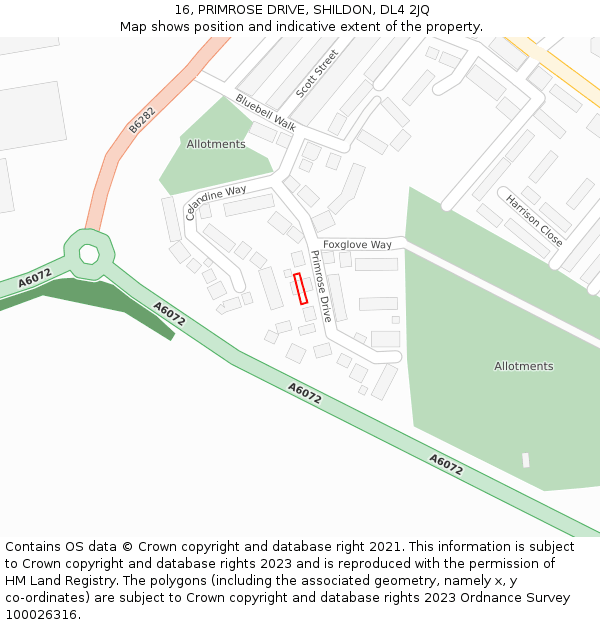 16, PRIMROSE DRIVE, SHILDON, DL4 2JQ: Location map and indicative extent of plot