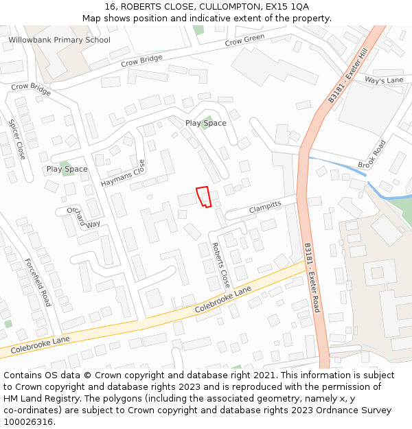 16, ROBERTS CLOSE, CULLOMPTON, EX15 1QA: Location map and indicative extent of plot