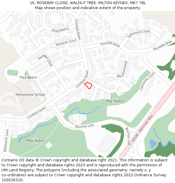 16, ROSEBAY CLOSE, WALNUT TREE, MILTON KEYNES, MK7 7BL: Location map and indicative extent of plot