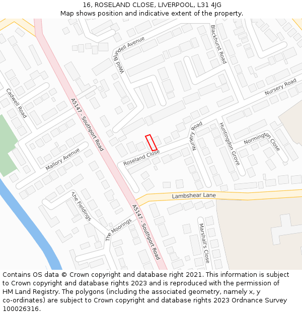 16, ROSELAND CLOSE, LIVERPOOL, L31 4JG: Location map and indicative extent of plot