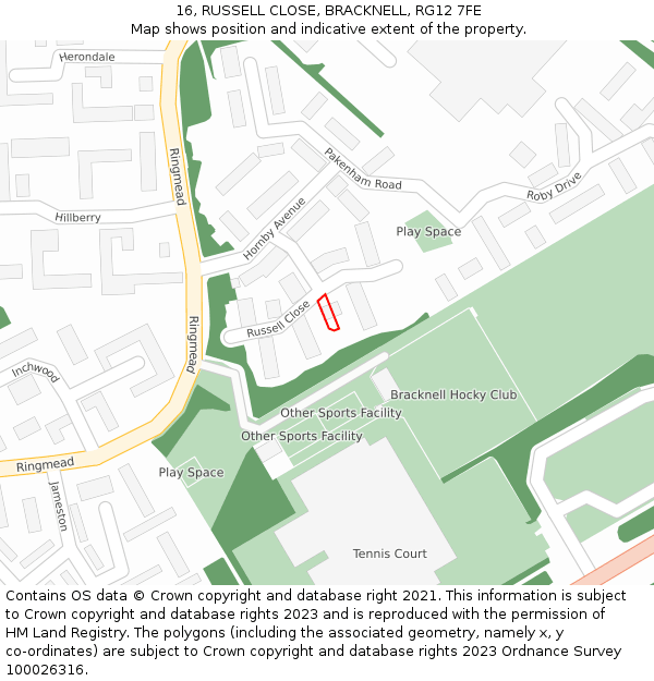 16, RUSSELL CLOSE, BRACKNELL, RG12 7FE: Location map and indicative extent of plot