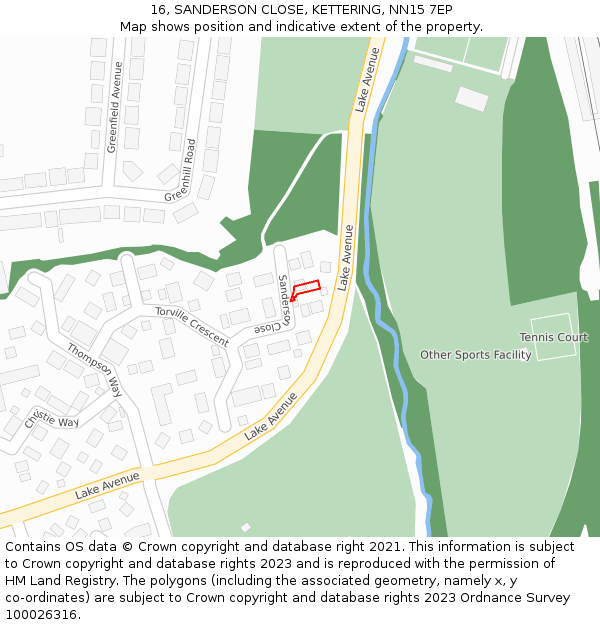 16, SANDERSON CLOSE, KETTERING, NN15 7EP: Location map and indicative extent of plot