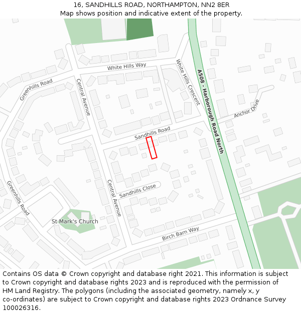 16, SANDHILLS ROAD, NORTHAMPTON, NN2 8ER: Location map and indicative extent of plot