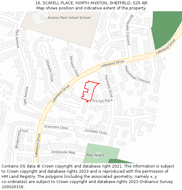 16, SCAFELL PLACE, NORTH ANSTON, SHEFFIELD, S25 4JR: Location map and indicative extent of plot