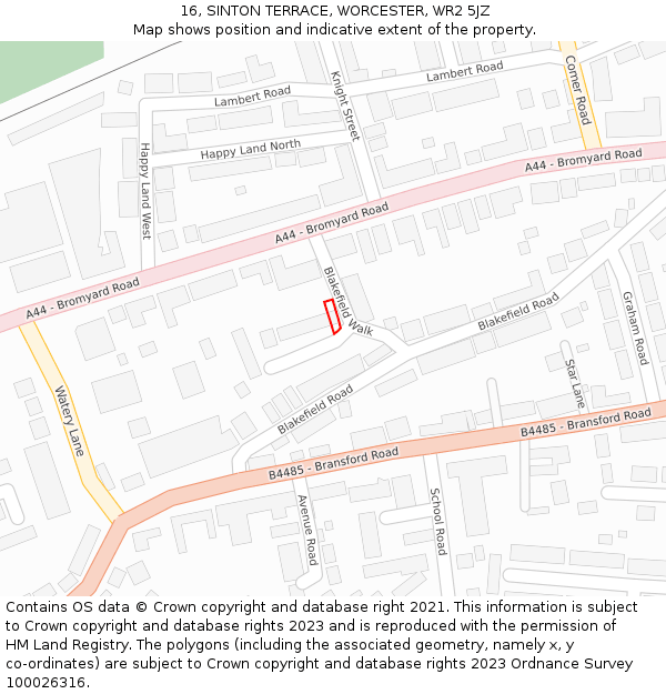 16, SINTON TERRACE, WORCESTER, WR2 5JZ: Location map and indicative extent of plot