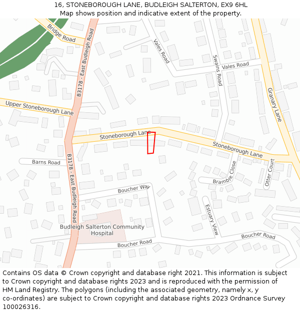 16, STONEBOROUGH LANE, BUDLEIGH SALTERTON, EX9 6HL: Location map and indicative extent of plot