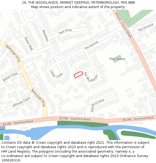16, THE WOODLANDS, MARKET DEEPING, PETERBOROUGH, PE6 8BB: Location map and indicative extent of plot