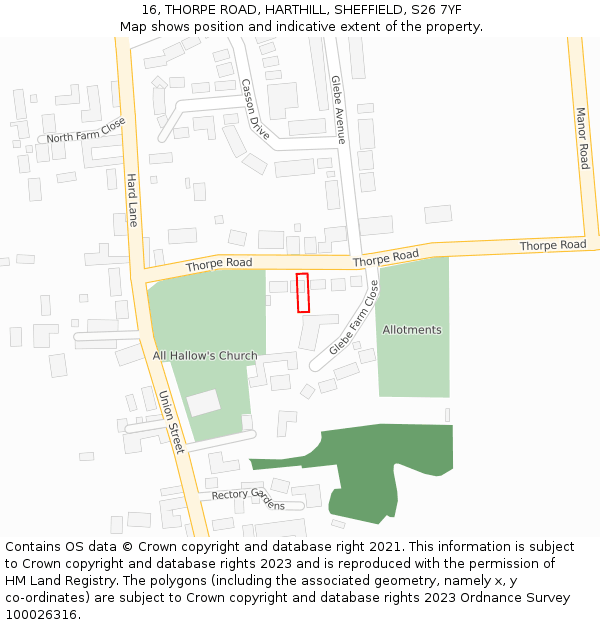 16, THORPE ROAD, HARTHILL, SHEFFIELD, S26 7YF: Location map and indicative extent of plot