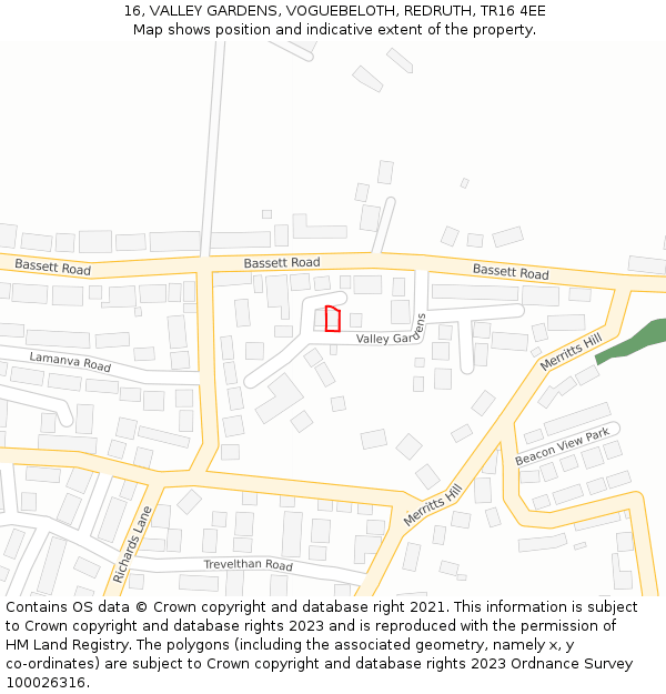 16, VALLEY GARDENS, VOGUEBELOTH, REDRUTH, TR16 4EE: Location map and indicative extent of plot