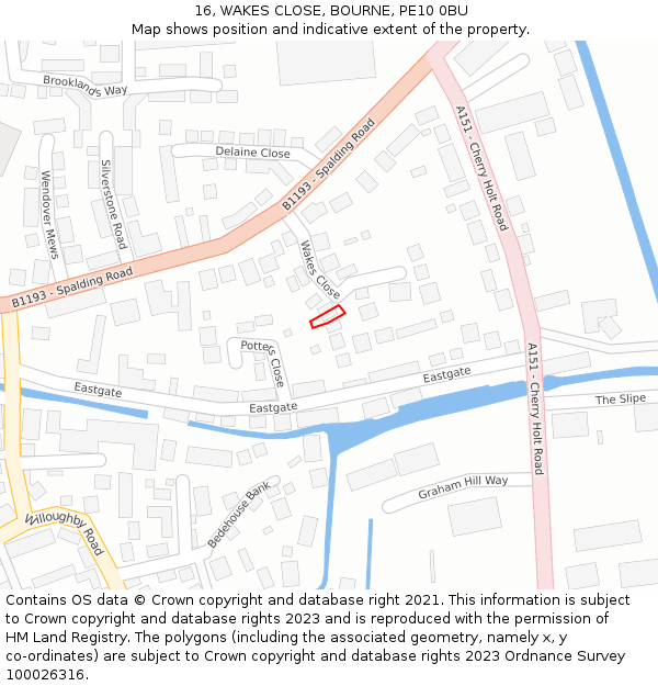 16, WAKES CLOSE, BOURNE, PE10 0BU: Location map and indicative extent of plot