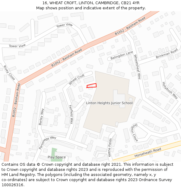 16, WHEAT CROFT, LINTON, CAMBRIDGE, CB21 4YR: Location map and indicative extent of plot