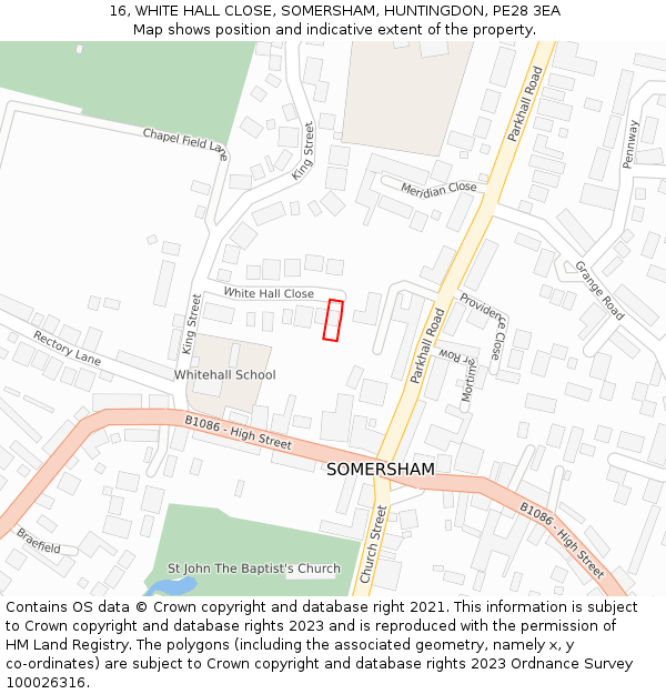 16, WHITE HALL CLOSE, SOMERSHAM, HUNTINGDON, PE28 3EA: Location map and indicative extent of plot