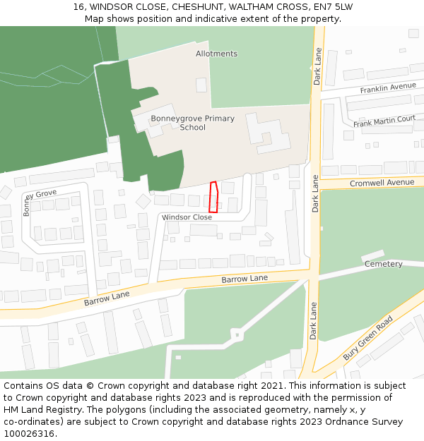 16, WINDSOR CLOSE, CHESHUNT, WALTHAM CROSS, EN7 5LW: Location map and indicative extent of plot