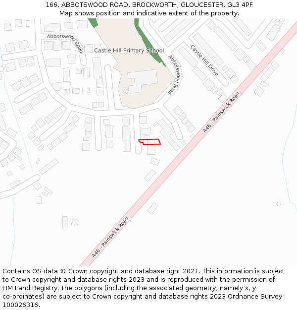 166, ABBOTSWOOD ROAD, BROCKWORTH, GLOUCESTER, GL3 4PF: Location map and indicative extent of plot
