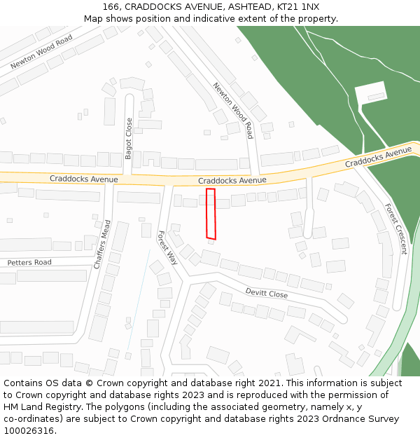 166, CRADDOCKS AVENUE, ASHTEAD, KT21 1NX: Location map and indicative extent of plot