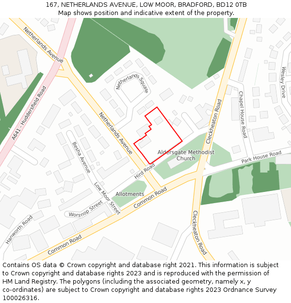 167, NETHERLANDS AVENUE, LOW MOOR, BRADFORD, BD12 0TB: Location map and indicative extent of plot