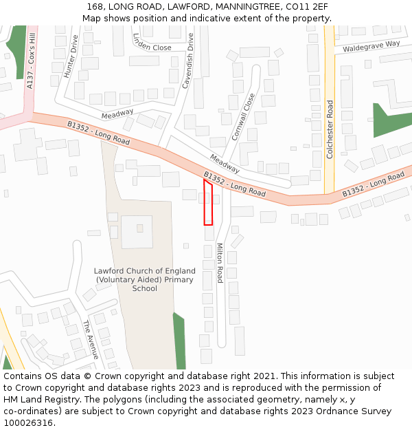 168, LONG ROAD, LAWFORD, MANNINGTREE, CO11 2EF: Location map and indicative extent of plot