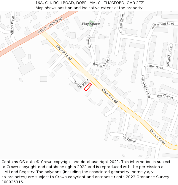 16A, CHURCH ROAD, BOREHAM, CHELMSFORD, CM3 3EZ: Location map and indicative extent of plot