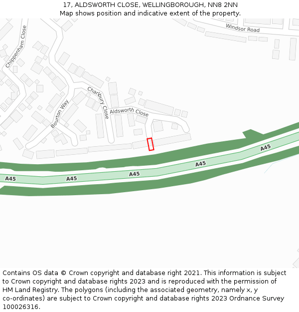 17, ALDSWORTH CLOSE, WELLINGBOROUGH, NN8 2NN: Location map and indicative extent of plot