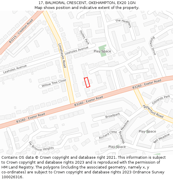 17, BALMORAL CRESCENT, OKEHAMPTON, EX20 1GN: Location map and indicative extent of plot