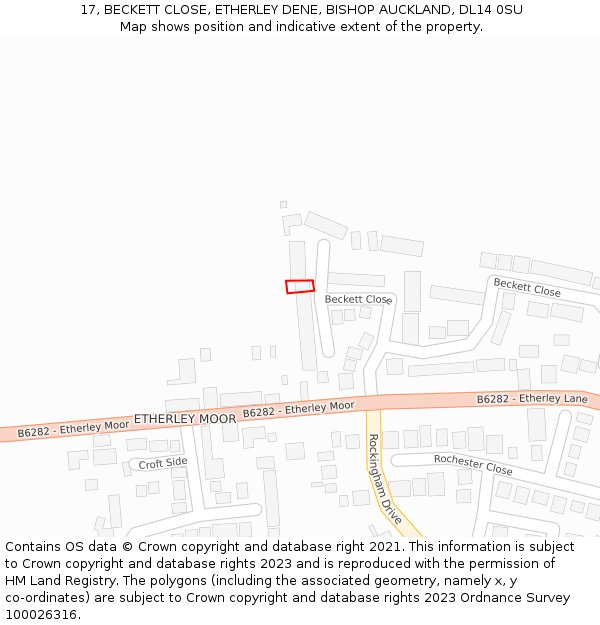 17, BECKETT CLOSE, ETHERLEY DENE, BISHOP AUCKLAND, DL14 0SU: Location map and indicative extent of plot