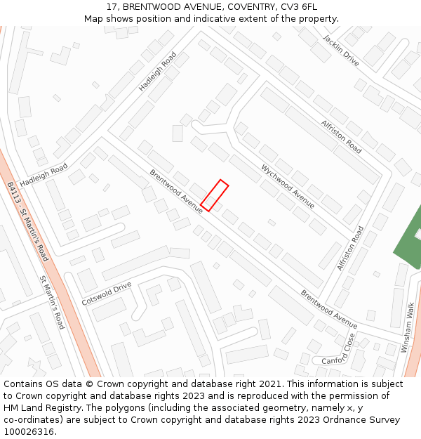 17, BRENTWOOD AVENUE, COVENTRY, CV3 6FL: Location map and indicative extent of plot