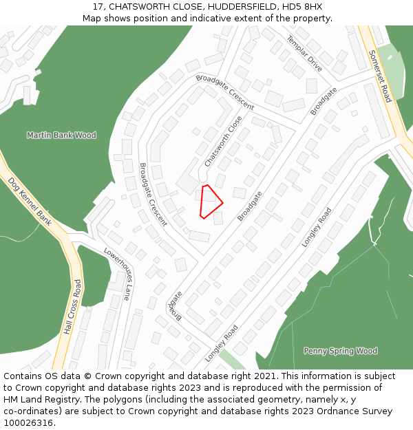 17, CHATSWORTH CLOSE, HUDDERSFIELD, HD5 8HX: Location map and indicative extent of plot