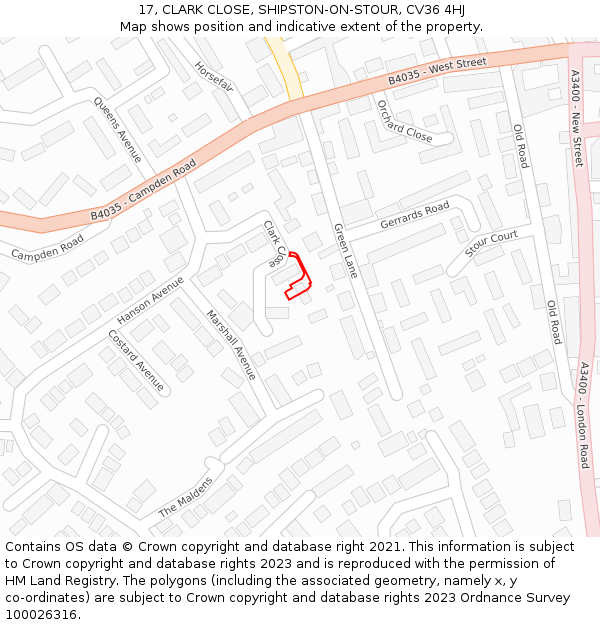 17, CLARK CLOSE, SHIPSTON-ON-STOUR, CV36 4HJ: Location map and indicative extent of plot