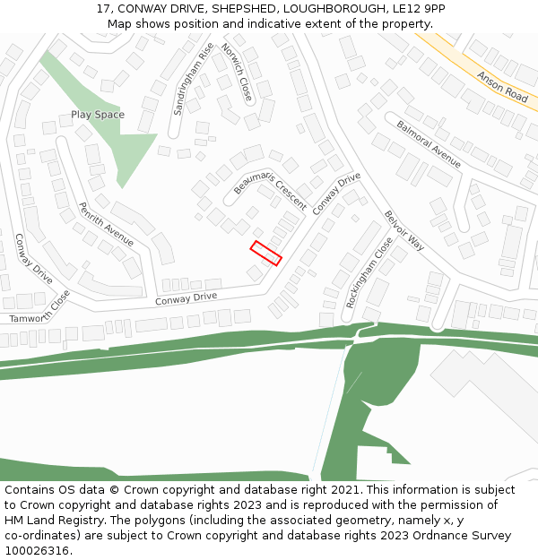 17, CONWAY DRIVE, SHEPSHED, LOUGHBOROUGH, LE12 9PP: Location map and indicative extent of plot