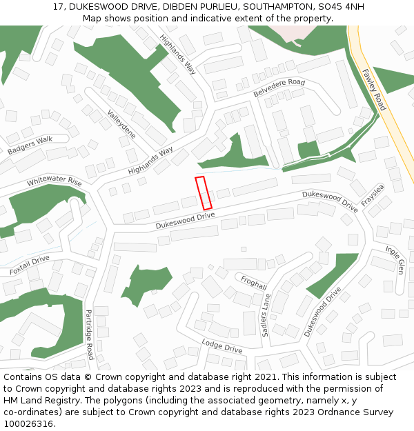 17, DUKESWOOD DRIVE, DIBDEN PURLIEU, SOUTHAMPTON, SO45 4NH: Location map and indicative extent of plot