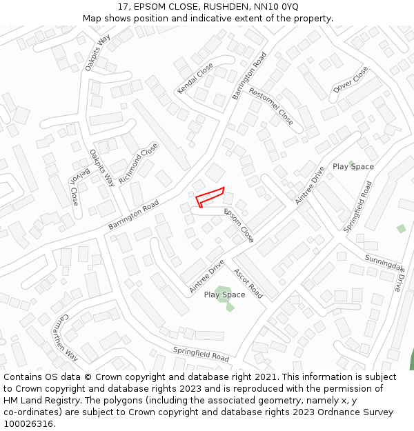 17, EPSOM CLOSE, RUSHDEN, NN10 0YQ: Location map and indicative extent of plot