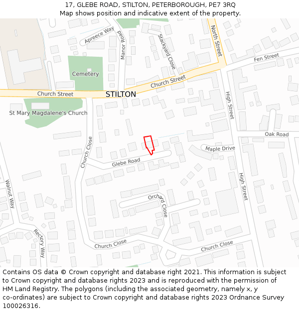 17, GLEBE ROAD, STILTON, PETERBOROUGH, PE7 3RQ: Location map and indicative extent of plot