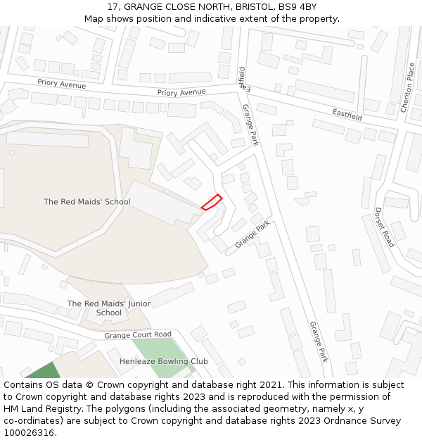 17, GRANGE CLOSE NORTH, BRISTOL, BS9 4BY: Location map and indicative extent of plot