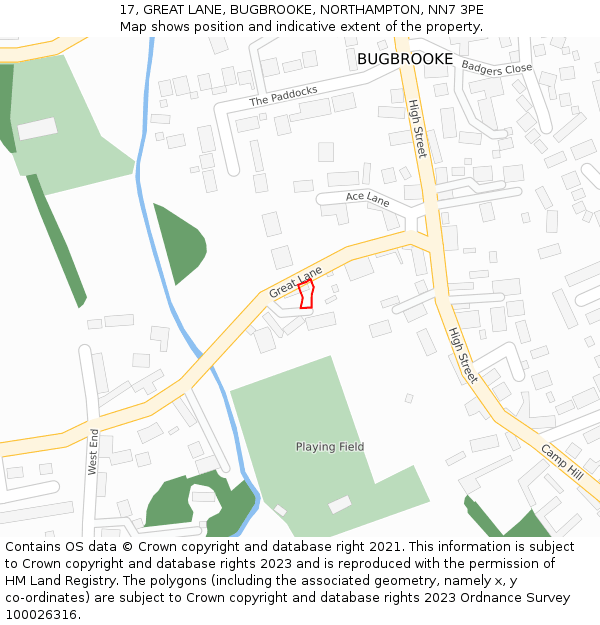 17, GREAT LANE, BUGBROOKE, NORTHAMPTON, NN7 3PE: Location map and indicative extent of plot