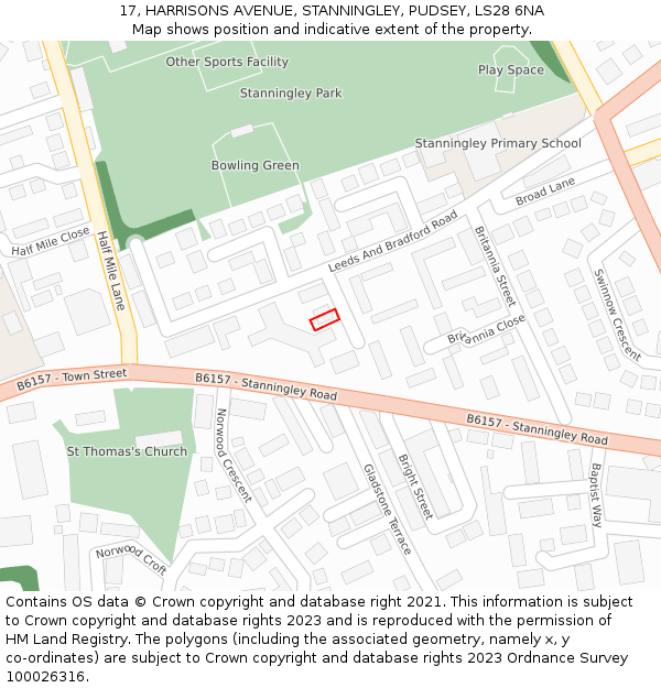 17, HARRISONS AVENUE, STANNINGLEY, PUDSEY, LS28 6NA: Location map and indicative extent of plot