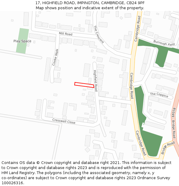 17, HIGHFIELD ROAD, IMPINGTON, CAMBRIDGE, CB24 9PF: Location map and indicative extent of plot