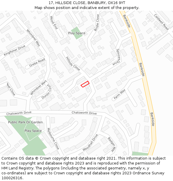 17, HILLSIDE CLOSE, BANBURY, OX16 9YT: Location map and indicative extent of plot