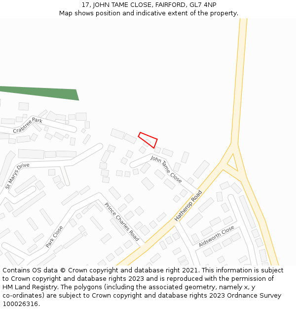 17, JOHN TAME CLOSE, FAIRFORD, GL7 4NP: Location map and indicative extent of plot