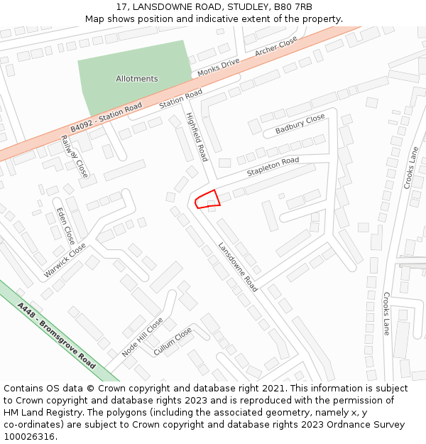 17, LANSDOWNE ROAD, STUDLEY, B80 7RB: Location map and indicative extent of plot