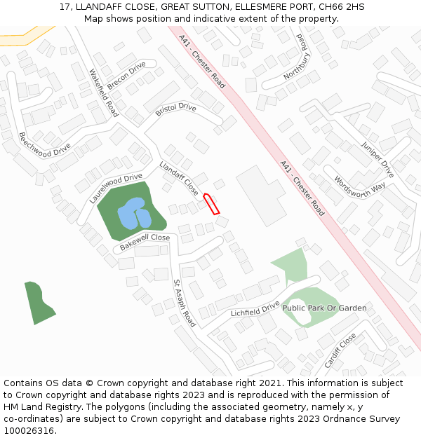 17, LLANDAFF CLOSE, GREAT SUTTON, ELLESMERE PORT, CH66 2HS: Location map and indicative extent of plot